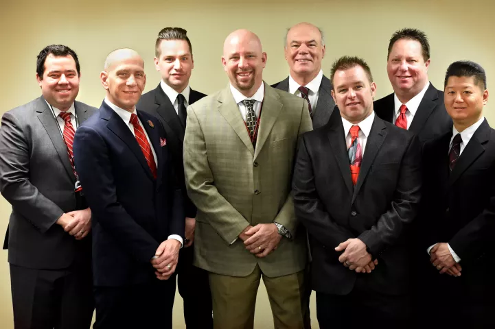 The 2017 St. Paul Winter Carnival Vulcan Krewe is, from left: Mike Schmidt, Count Embrious; Shawn Meyer, Grand Duke Fertilious; Joshua Pelton, Count of Ashes; David Breen, Vulcanus Rex; Rennie Smith, Prince of Soot; Chris Stengel, Baron Hot Sparkus; Greg Needham, General Flameous; Brent Rosand, Duke of Klinker. (Pioneer Press: Jean Pieri)