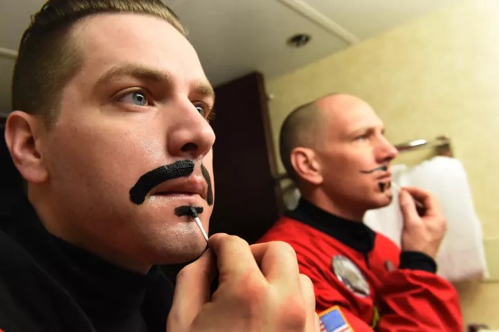 Vulcans Joshua Pelton, Count of Ashes, left, and Shawn Meyer, Grand Duke Fertilious, put their makeup on as they get ready in the bathroom of their "den." (Pioneer Press: Jean Pieri)