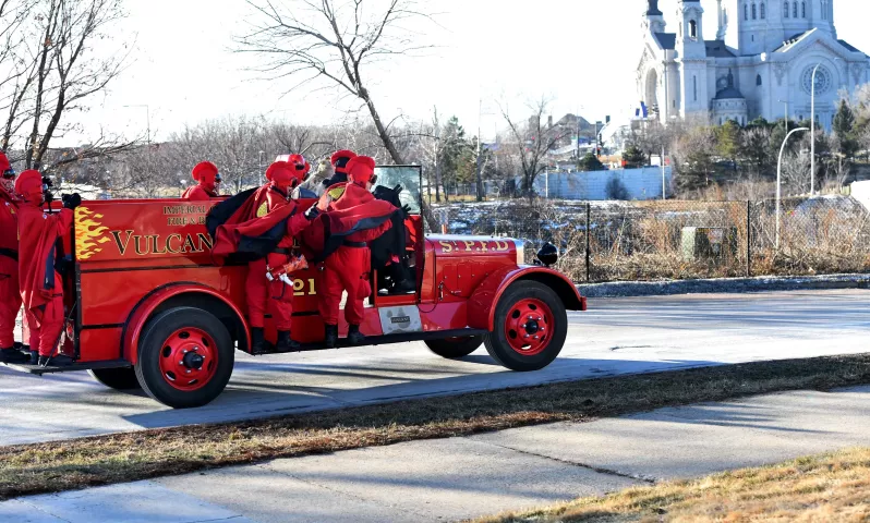 The Vulcan Krewe heads out on their vintage fire truck to visit a school, the first of their scheduled five stops, in St. Paul on Wednesday, Feb. 1, 2017. (Pioneer Press: Jean Pieri)