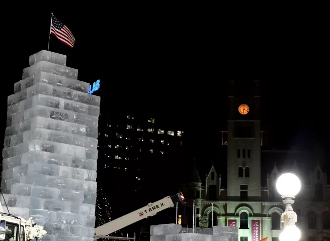 The first towers of the 2018 St. Paul Winter Carnival Ice Palace go up in Rice Park in St. Paul on Tuesday, Jan. 16, 2018. (John Autey / Pioneer Press)