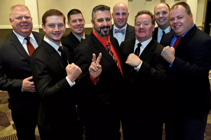 The St. Paul Winter Carnival Vulcans unmasked: Front row from left, Joe Meives, Count Embrious; Tommy Cherep, Vulcanus Rex 81; Dan Dunleavy, Duke of Klinker; and John Kosse, General Flameous; back row from left are Jim Libke, Prince of Soot; Tony Barrett, Grand Duke Fertilious; Matt Dougherty, Baron Hot Sparkus; and Bill Emerson, Count of Ashes. (Jean Pieri / Pioneer Press)