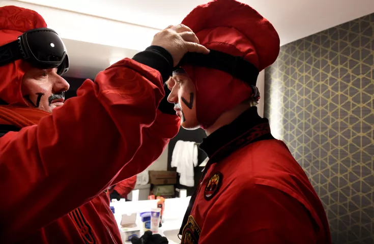 Dan Dunleavy, the Duke of Klinker, helps Joe Meives, Count Embrious, get ready. (Jean Pieri / Pioneer Press)