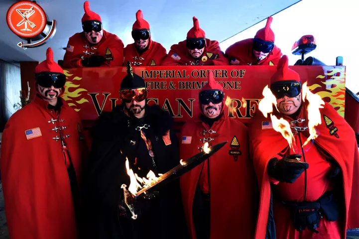 The St. Paul Winter Carnival Vulcans are photographed with their truck. Front row from left, Joe Meives, Count Embrious; Tommy Cherep, Vulcanus Rex 81; Dan Dunleavy, Duke of Klinker; and John Kosse, General Flameous; back row from left are Jim Libke, Prince of Soot; Tony Barrett, Grand Duke Fertilious; Matt Dougherty, Baron Hot Sparkus; and Bill Emerson, Count of Ashes, in St. Paul Wednesday, Jan. 31, 2018. (Jean Pieri / Pioneer Press)