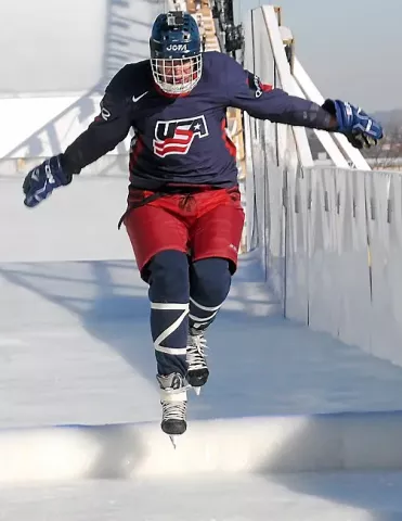 St. Paul Mayor Chris Coleman gingerly makes his first jump on the 2014 Red Bull Crashed Ice course on Feb. 19, 2014. (Pioneer Press file photo: John Doman)