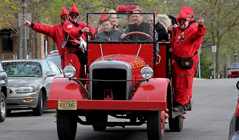 St. Paul Vulcans ride their truck, Luverne, at a 2014 event at Bridge View School in St. Paul. (Courtesy of St. Paul Vulcans)