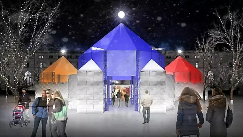 Drawings of the Winter Carnival Ice Courtyard, which will be constructed in Rice Park in mid-January out of blocks of ice harvested from Lake Phalen. Courtesy of St. Paul Winter Carnival