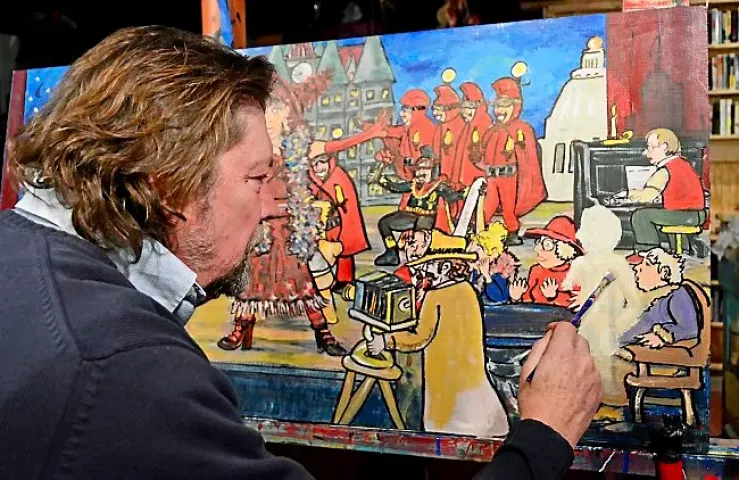 Woodbury artist Richard Hubal works on his piece "The Tyranny of Tradition" on Wednesday, Dec. 31, 2014, in his home studio. Hubal will be showing his controversial painting at the 2015 Winter Carnival in St Paul. (Special to the Pioneer Press: Juan Pablo Ramirez)