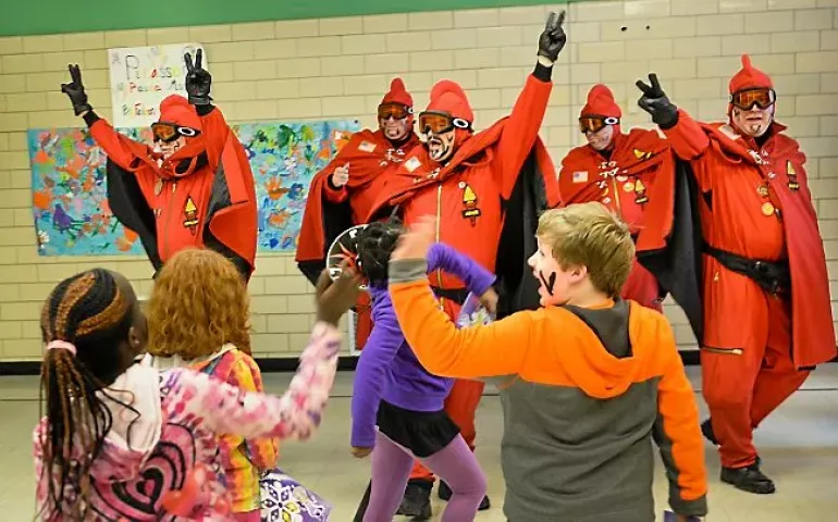 The Vulcans greet students at Falcon Heights Elementary School on Tuesday, Jan. 27, 2015, in Falcon Heights. (Pioneer Press: Ben Garvin)
