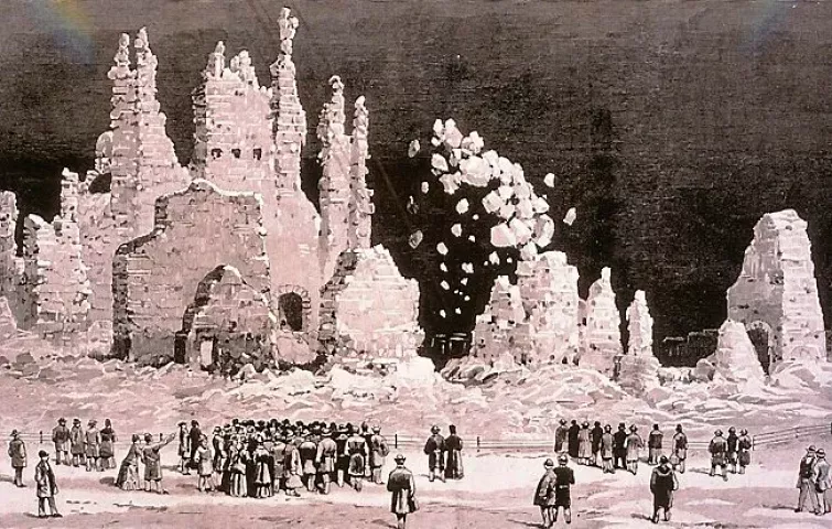 This drawing shows crowds watching the 1887 St. Paul Winter Carnival ice palace melt. (Image courtesy of Bob Olsen)