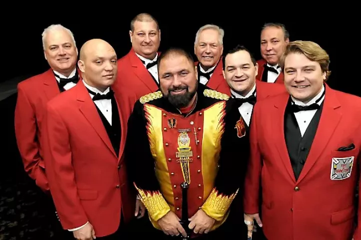 Vulcanus Rex Steven Fischer, center, is flanked by 2015 St. Paul Winter Carnival Vulcans. Front row from left are Trever Harwell, Grand Duke Fertilious; Fisher; Matt Fleming, Count of Ashes; Neal Frantzen, Count Embrious. Back row from left, Kurt Robinson, Baron Hot Sparkus; Tom Stevens, General Flameous; Arlen Wente, Prince of Soot; and Leigh Halvorsen, Duke of Klinker. (Pioneer Press: Jean Pieri)