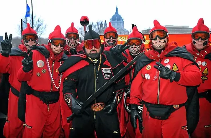 The St. Paul Winter Carnival Vulcans in St. Paul on Wednesday Jan. 28, 2015. Front row (from left): Trever Harwell, Grand Duke Fertilious, Steven Fischer, Vulcanus Rex, Matt Fleming, Count of Ashes, Neal Frantzen, Count Embrious. Back row (from left): Kurt Robinson, Baron Hot Sparkus, Tom Stevens, General Flameous, Arlen Wente, Prince of Soot, and Leigh Halvorsen, Duke of Klinker. (Pioneer Press: Jean Pieri) (Pioneer Press: Jean Pieri)