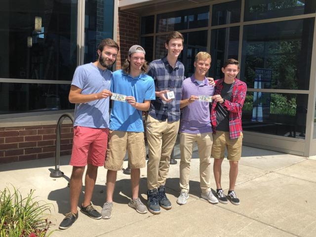 A group of five friends found the missing Lakefront Days medallion, which is hidden around the city each year ahead of the citywide celebration in early August. The finders are, from left, Tim Warner, 18, Dylan Larson, 18, James Stutzka, 18, Joe Sopczyk, 22 and Matt Towey, 18.