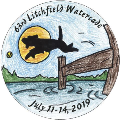The 2019 Litchfield Watercade button features a dog jumping to catch a ball, drawn by Hunter Johnson.