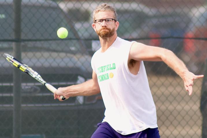 Patrick Boerner returns a shot in the men’s open division championship match of the Watercade Tennis Tournament Sunday. Boerner, a Litchfield High School graduate who now lives in Minneapolis, fell in the championship match 6-3, 6-2 to Stewart Morrell of Elk River. More Watercade run and tennis photos can be found at www.crowrivermedia.com/independentreview/multimedia/.