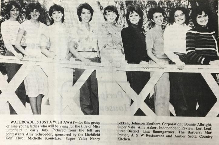 Watercade was “just a wish away” in 1983. Candidates for Miss Litchfield, from left, were Amy Schroeder, Michelle Konietzko, Nancy Lokken, Bonnie Albright, Amy Aaker, Lori Leaf, Lisa Baumgartner, Mari Peltier and Amber Scott. Baumgartner was later crowned Miss Litchfield, with Schroeder and Lokken as princesses.  File photo