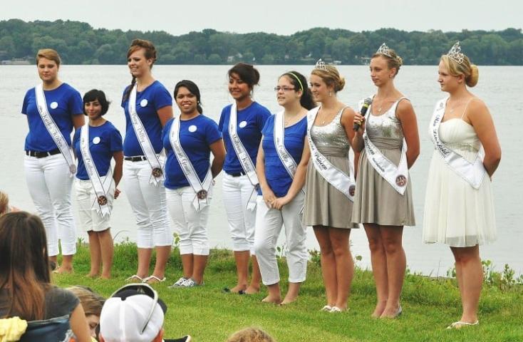 Miss Litchfield candidates and 2012-2013 royalty introduce themselves to the crowd before the Little Crow Ski Team show Sunday. Pictured, from left to right, are candidates Kristen Klaben, Kate Carlson, Paige Dilley, Natasha Gomez, Malenny Kranz and Caitlyn Dahl, Litchfield princesses Kaitlyn Johnson and Brittany Hull, and Miss Litchfield Kaytlin Bemis.