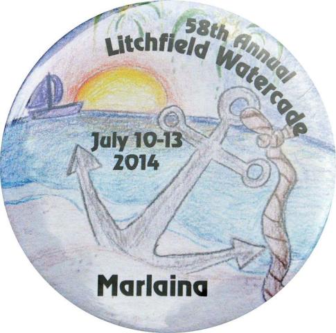 The winning button design for the 2014 Watercade celebration features a sailboat, anchor, sunset and fireworks.