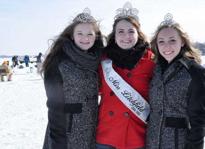 Miss Litchfield Ali Richardson, center, braves the cold weather in February with princesses Erika Hart, left, and Emily Schreiber. The royalty helped hand out raffle prizes during the annual Wintercade ice fishing contest.