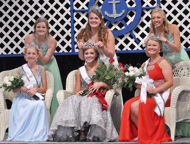 Outgoing royalty stand behind the new royalty members they crowned at Sunday night’s coronation. Pictured are, from left, front, 2015-2016 princess Kaitlynn Beighley, Miss Litchfield Karly Nelson and princess Autumn Raiber; back, 2014-2015 princess Erika Hart, Miss Litchfield Ali Richardson and princess Emily Schreiber.
