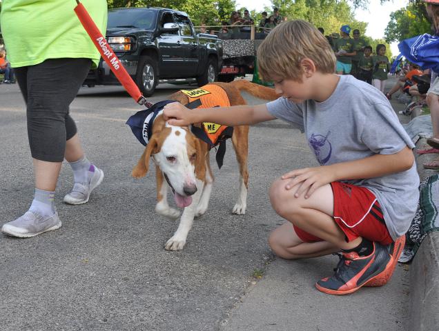 Charlie Mundt, 11, gave a dog walking by in the parade a scratch behind his ears during the Grand Parade.