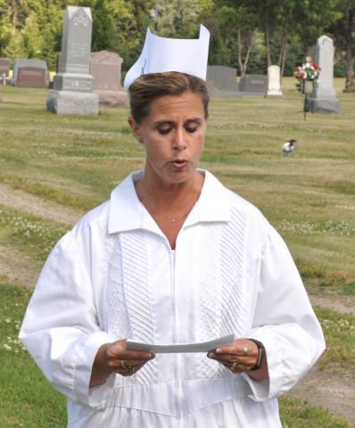 Alison Radunz, as Mary Willar, a World War II nurse, talked about the care she provided to patients in the 1940s.