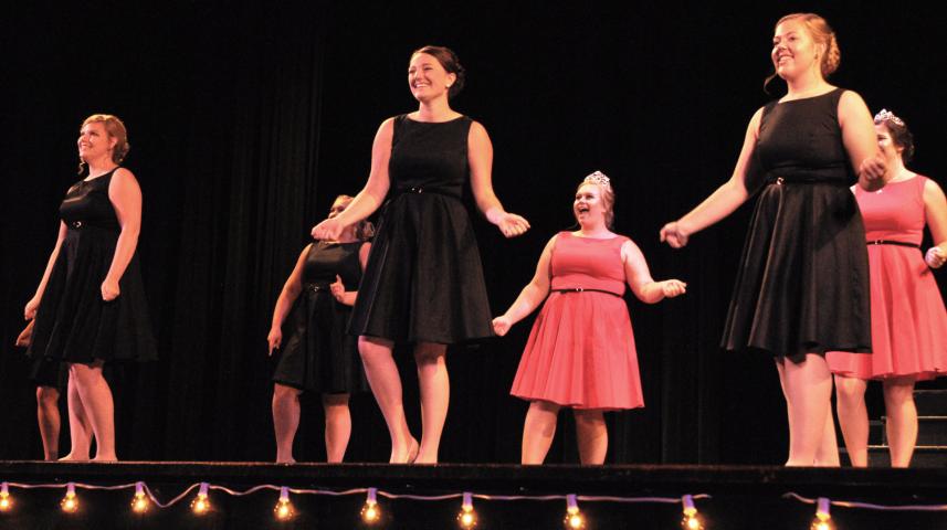 Royalty candidates performed an opening production — a dance to “Born this Way” and “Just Like Fire” — with 2016-17 Litchfield Royalty at the Watercade Queen Coronation Sunday evening. Pictured, from left, are Kristina-Marie Christopherson, Brianna Larson (partially hidden), Hannah Schacherer, 2016 Queen Hailey Stoffer, Maddie Grates and 2016 Princess Justine Madsen.