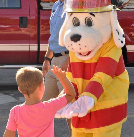 Kenny Rusch, 4, of Cedar Mills gave Sparky the fire dog a five during the Grand Day Parade July 8.