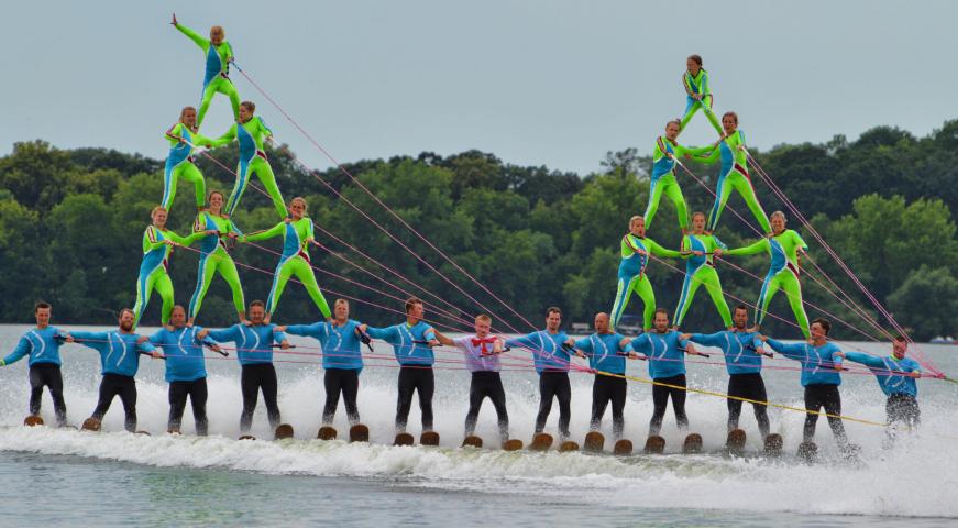 The Little Crow Ski Team performed a double pyramid on Lake Ripley Sunday afternoon.