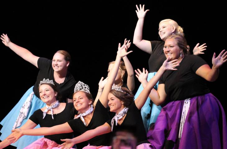 The 2017-18 Litchfield royalty and 2018-19 royalty candidates performed their opening dance, "Grease Lightning." Pictured, from left, are, front, Laura Shoutz, Hannah Schacherer, Maddy Larson and Courtney Smith; back, Shelby Nelson, Kristina-Marie Christopherson and Brianna Larson.