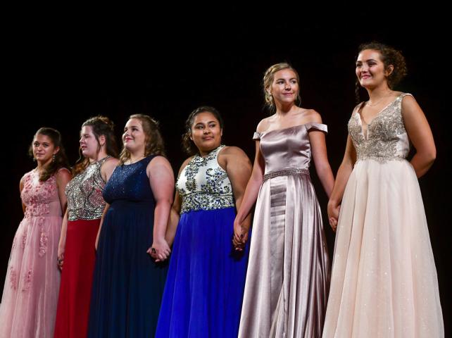 From left, Miss Litchfield hopefuls Maddie Kelm, Amelia Bomkamp, Abby Johnson, Litzy Rodriguez, Ellery Jones and Cecelia Toenjes hold hands while waiting to hear who is crowned 2019 Litchfield royalty.