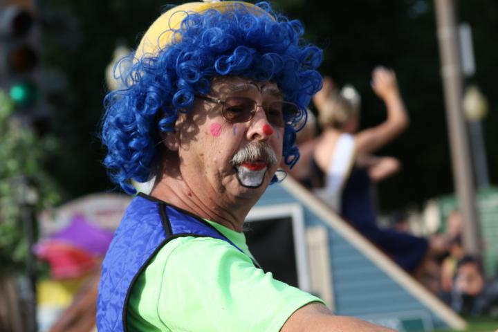A clown frowns during Litchfield’s Watercade Parade Saturday afternoon.