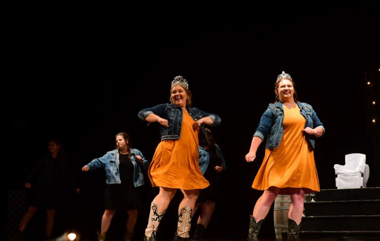 From left, 2018 Miss Litchfield Brianna Larson and Princess Laura Shoutz dance during the opening number of the 2019 Miss Litchfield Coronation event July 14.