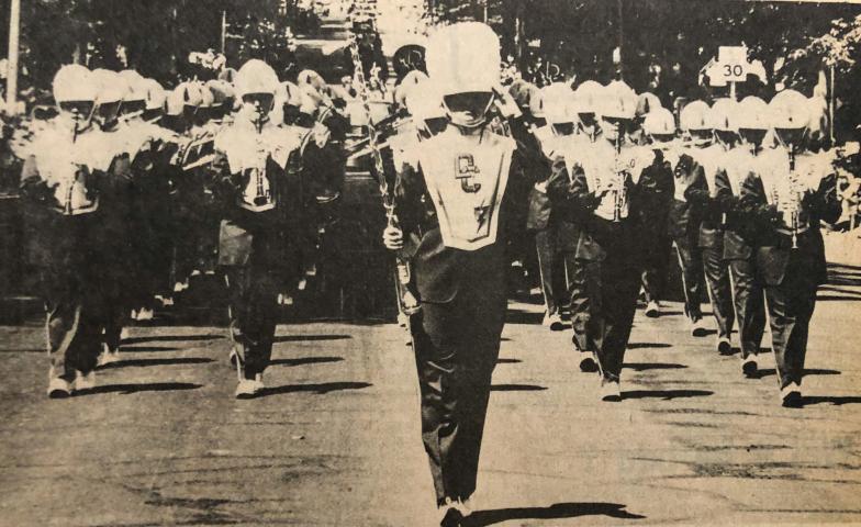 Always a crowd pleaser was the Dassel-Cokato high school Charger band, directed by a Litchfield Native, Carlton Lindwall. They’re pictured as they move along south Sibley Avenue during the Sunday afternoon Watercade parade. That’s drum majorette Michelle Nelson out front leading the marching unit.