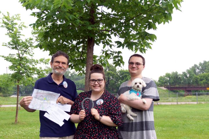 The Weisensel family found the horseshoe for the 2018 Dan Patch Historical Society’s annual hunt at the Savage Dog Park. Pictured are, from left, Nick, Christina and Evan Weisensel, holding the family’s maltipoo, Charlie. Not pictured: Laur Weisensel.  Submitted photo by the Weisensel family