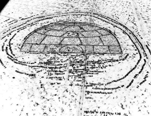 More than 10,000 people were on White Bear Lake on Jan. 31, 1954 as part of the 8th annual St. Paul Winter Carnival Ice Fishing Contest. Organizers often put the crowd in novel configurations — an igloo, a wagon wheel, a star — to be photographed by air.