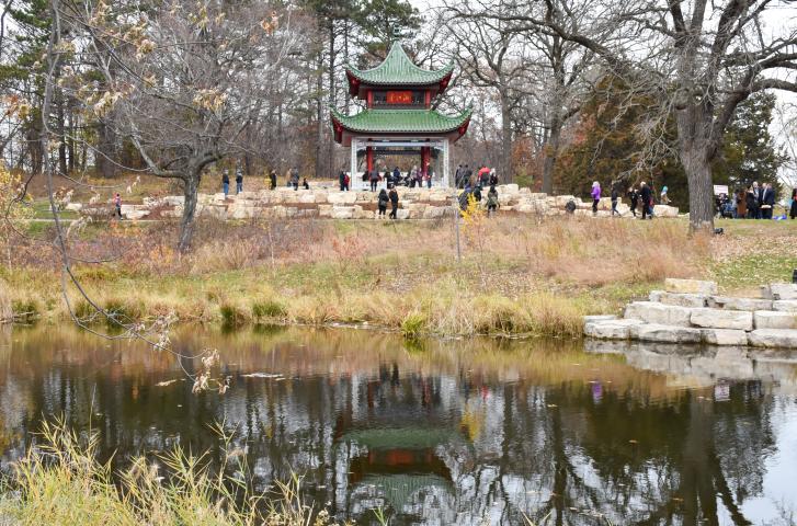 Organizers unveiled the new Xiang Jiang Pavilion in Phalen Regional Park on Nov. 3, 2018. The structure is a gift from St. Paul's sister city Changsha in China and the first phase of a 1.2 acre China garden. In exchange, Changsha got several Snoopy statues from St. Paul. (Deanna Weniger / Pioneer Press)