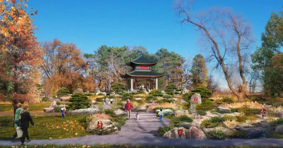 Rendering of how a replica of the Aiwan Pavilion in Changsha, China, would appear at a proposed China Friendship Garden in St. Paul. (Courtesy of city of St. Paul)