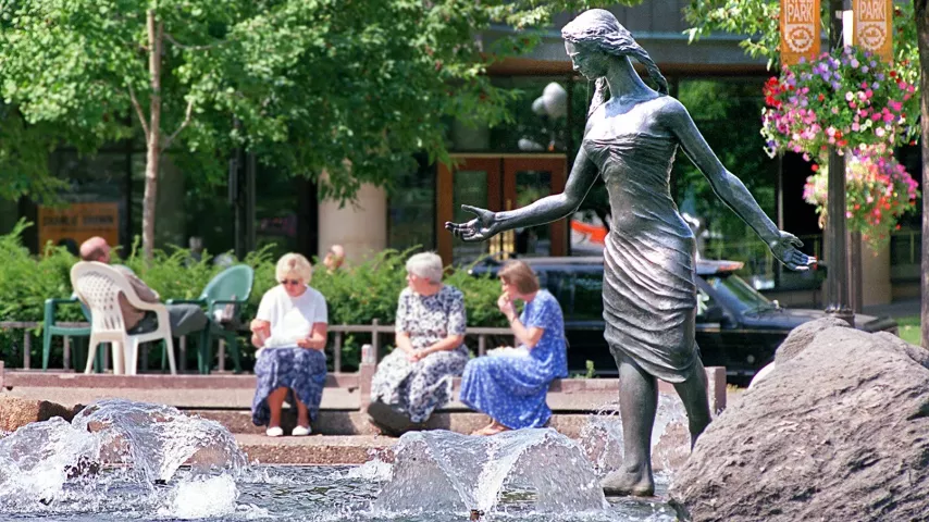 Rice Park is seen in August of 2000. The bronze statue titled “The Source” in Rice Park was donated in 1965. (Pioneer Press)