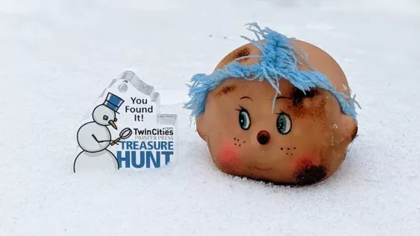 The 2020 Love Your Melon Presents the Pioneer Press Treasure Hunt medallion was found tucked inside a doll's head encased in ice early Tuesday, Jan. 28, in Highland Park. (Courtesy of Josh Ellingson)