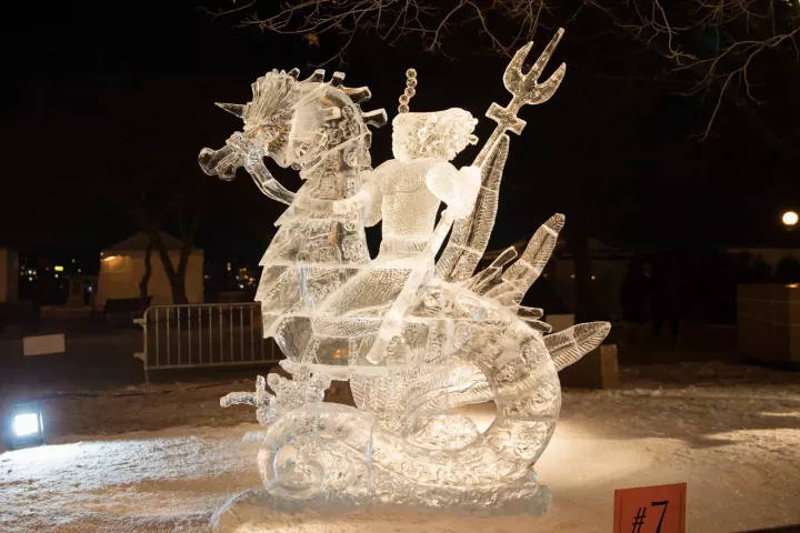 Aquaman Riding A Seahorse: Chris Swarbrick of Hudson and Austin Greenleaf of River Falls won the $1,750 first prize in the multiblock competition. (Courtesy of the St. Paul Winter Carnival)
