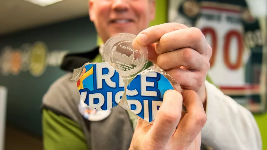 John Collins of Fridley holds the 2019 Pioneer Press Treasure Hunt medallion on Thursday, Jan. 31, 2019. Collins, a lifelong medallion hunter, found the treasure Wednesday night at Long Lake Regional Park in New Brighton. It was wrapped in cardboard from a Rice Krispies cereal box. (Andy Rathbun / Pioneer Press)