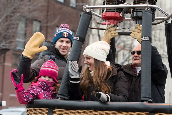 Minnesota Twins great Joe Mauer served as the St. Paul Winter Carnival's Grand Marshal during the King Boreas Grand Day Parade in St. Paul on Saturday, Jan. 26, 2019. He was joined by wife Maddie and their daughters Emily and Maren. (Andy Rathbun / Pioneer Press)