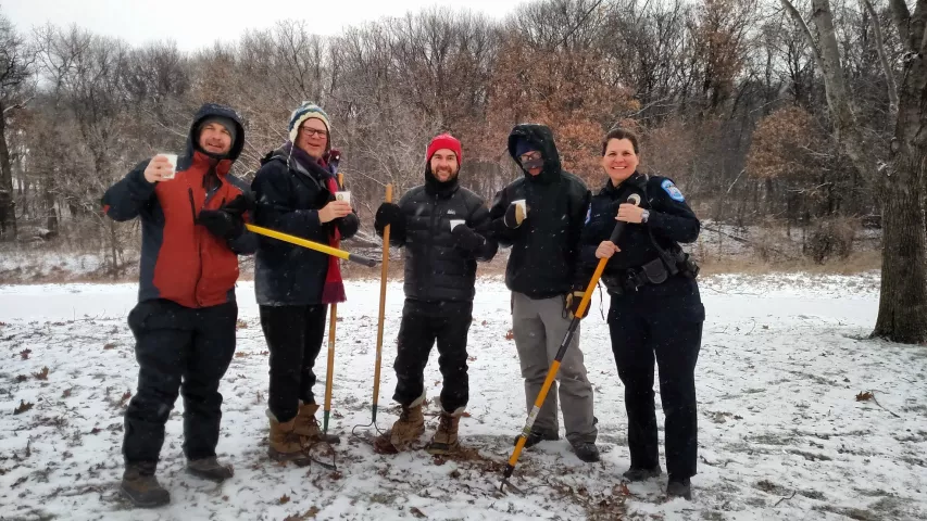 Pioneer Press Treasure Hunt participants at Long Lake Regional Park get some warm cocoa Saturday, Jan. 26, 2019, from New Brighton police. (Courtesy of the New Brighton Department of Public Safety)