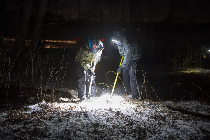Treasure hunters work late into the night in temps -22 Fahrenheit and scour the park in search of the medallion Wednesday January 30, 2019. (Special to the Pioneer Press: Craig Lassig)