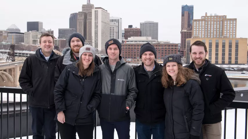 The group that found the 2020 Love Your Melon Pioneer Press Treasure Hunt Medallion are pictured in St. Paul Tuesday, Jan. 28, 2020. They are (left to right) Nate Messerich, Dan Schonhardt, Julie Schonhardt, Zak Rexford, Josh Ellingson, Amy Ellingson, and Craig Heinen. (Andy Rathbun / Pioneer Press)