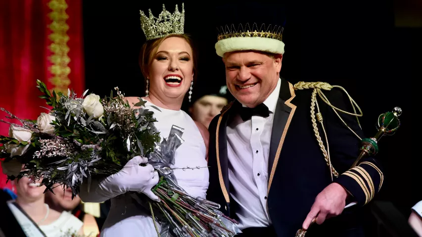 Monte S. Johnson, crowned King Boreas LXXXIII welcomes Alison Gunter as Aurora, Queen of Snows, Jan. 25, 2019, during the Winter Carnival Royal Coronation events at Saint Paul RiverCentre, Jan. 25, 2019. The Royal Coronation is a 130+ year old Winter Carnival tradition. (Scott Takushi / Pioneer Press)