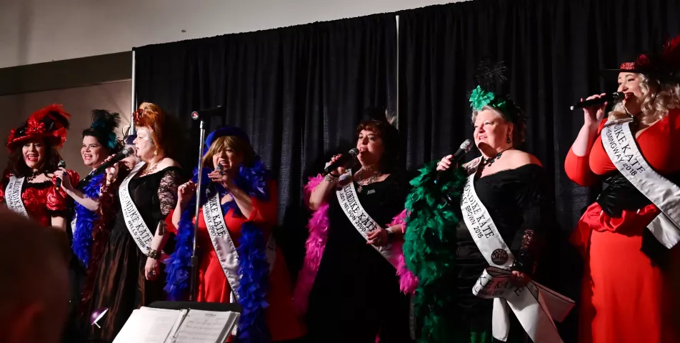 Past Klondike Kates perform a song to warm up the audience during the Klondike Kate contest at the enVision hotel in South St. Paul on Wednesday, Jan., 8, 2020. (John Autey / Pioneer Press)