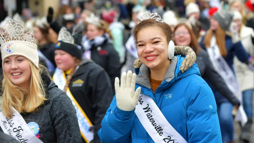 Aviana Swanson, Miss Waterville 2019, joins dozens of other Visiting Royal Ambassadors as they march in the 2020 St. Paul Winter Carnival King Boreas Grand Day Parade in downtown St. Paul on Saturday, Jan. 25, 2020. (John Autey / Pioneer Press)