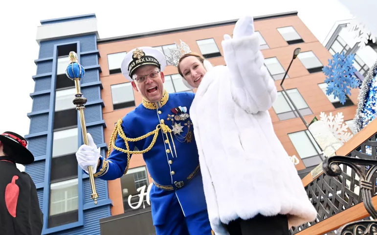 Darrin Johnson, King Boreas LXXXIV, and Kirstin Knutson, 2020 Aurora, Queen of the Snows, wave to the crowds during the 2020 St. Paul Winter Carnival King Boreas Grand Day Parade in downtown St. Paul on Saturday, Jan. 25, 2020. (John Autey / Pioneer Press)