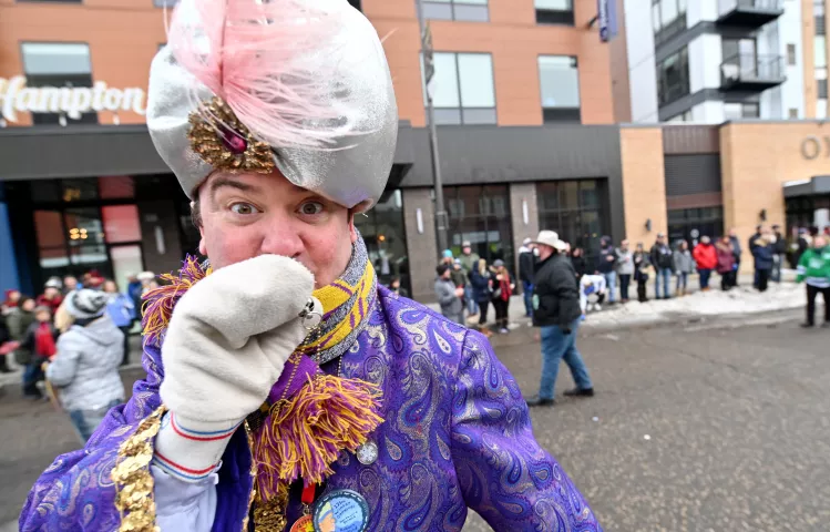 2011 Euro, Prince of the East Wind, Tony Madden, blows a whistle as he marches in the 2020 St. Paul Winter Carnival King Boreas Grand Day Parade in downtown St. Paul on Saturday, Jan. 25, 2020. (John Autey / Pioneer Press)